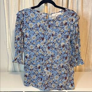 LOFT Blue and Brown Floral Blouse, Size M